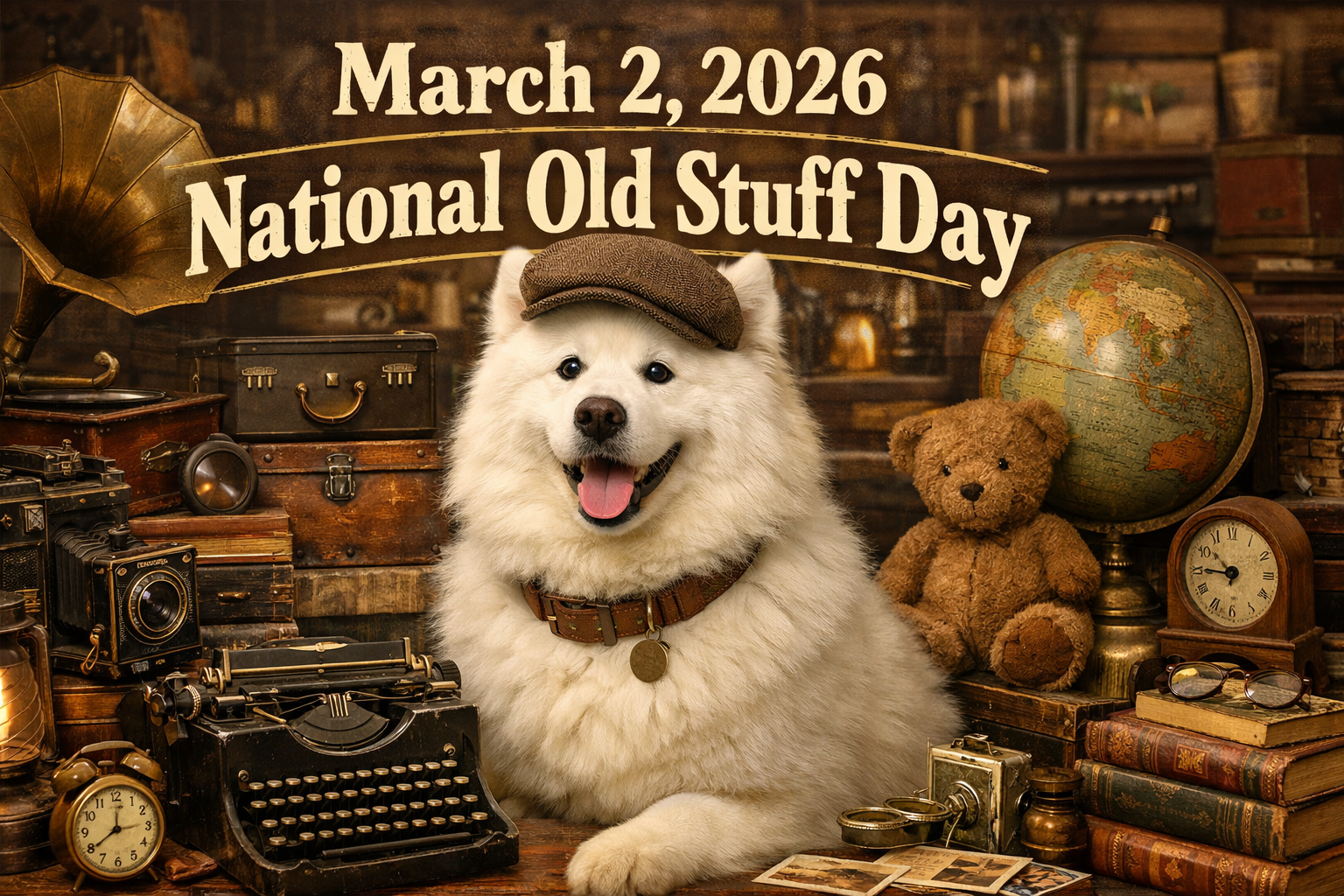 「March 2, 2026 National Old Stuff Day」という文字の下で、タイプライター、地球儀、蓄音機、古いカメラなどのアンティーク雑貨に囲まれて座っている、茶色い帽子を被った白いふわふわの犬の画像。