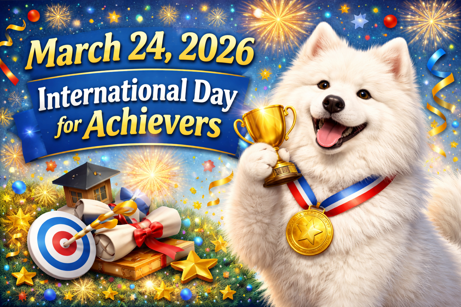 夜空の花火を背景にトロフィーを掲げるサモエド犬。International Day for Achievers 2026横型バナー