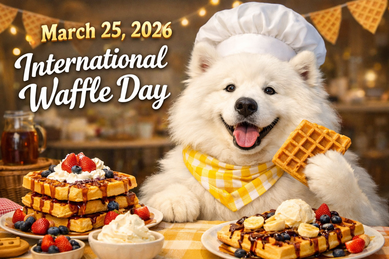 シェフ帽をかぶったサモエド犬がワッフルを持ち、いちごやバナナをトッピングしたワッフルプレートの前で笑顔を見せている