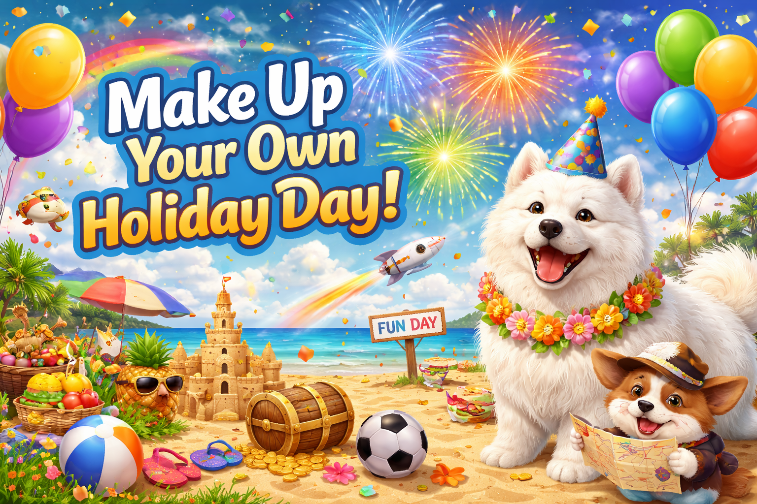 「Make Up Your Own Holiday Day」のロゴと、花冠をつけたサモエド犬。ビーチには砂の城や宝箱、花火が上がり、右下には地図を持ったコーギーも描かれた賑やかな画像。