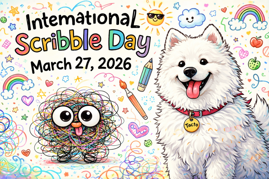 2026年3月27日の世界らくがきの日を祝う、白いサモエド犬のタクトとカラフルな線で描かれたらくがきモンスターのイラスト。