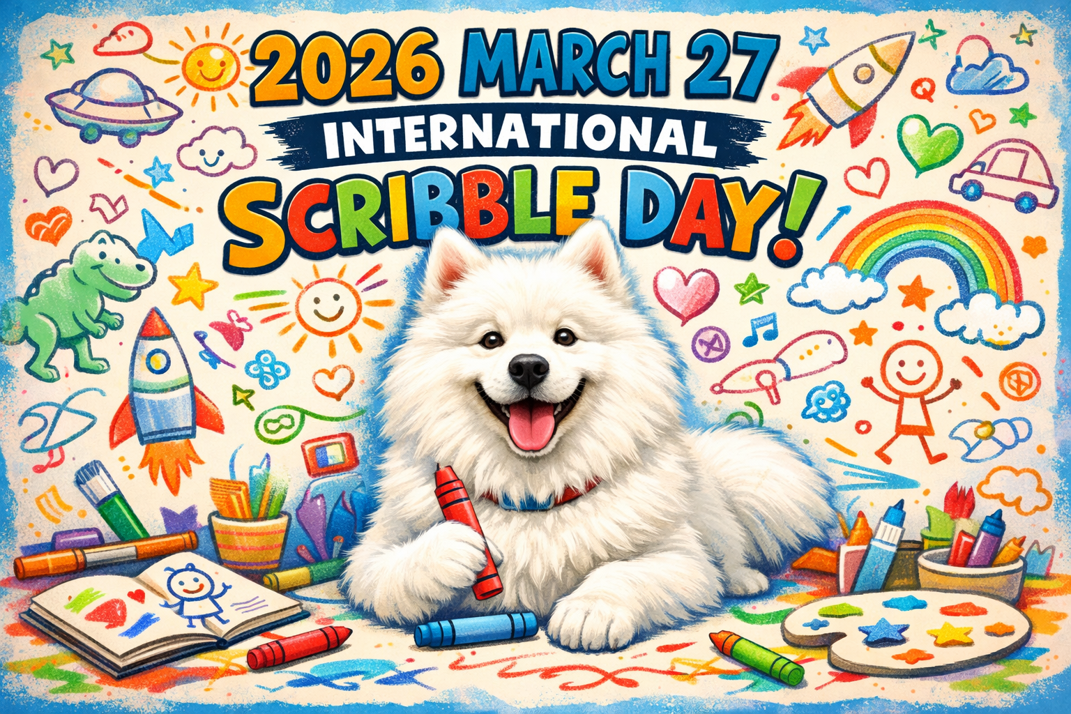 クレヨンを前足に持ち、スケッチブックやパレットに囲まれて「世界らくがきの日」を楽しむサモエド犬のタクト。