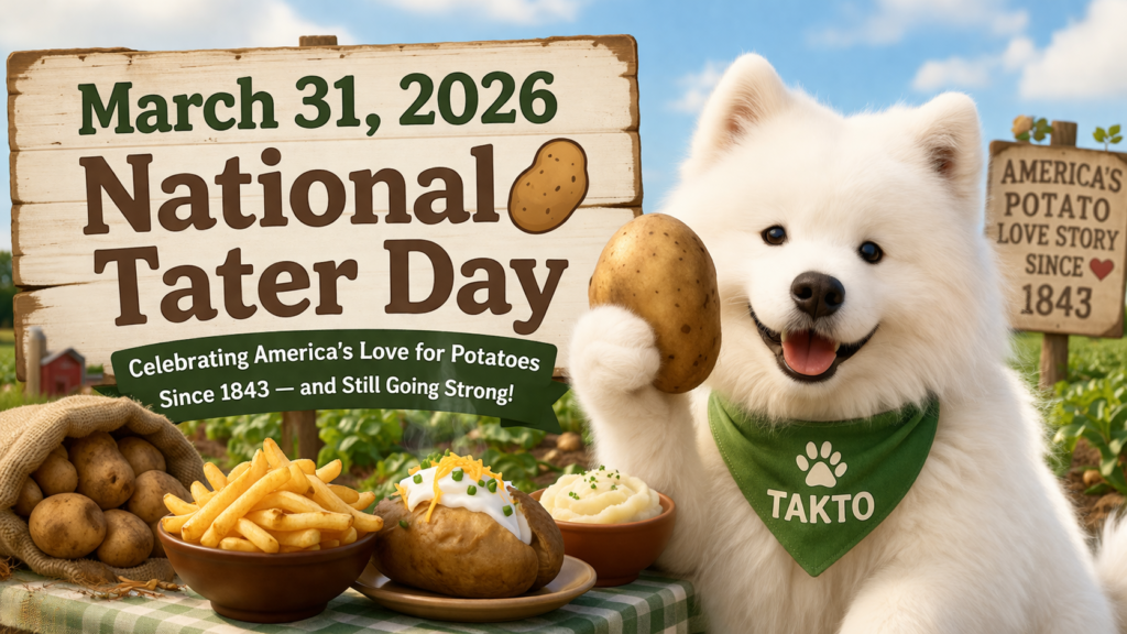 白いサモエド犬がじゃがいも畑でポテトを持ち、National Tater Dayの看板とフライドポテトやベイクドポテトが並ぶイラスト