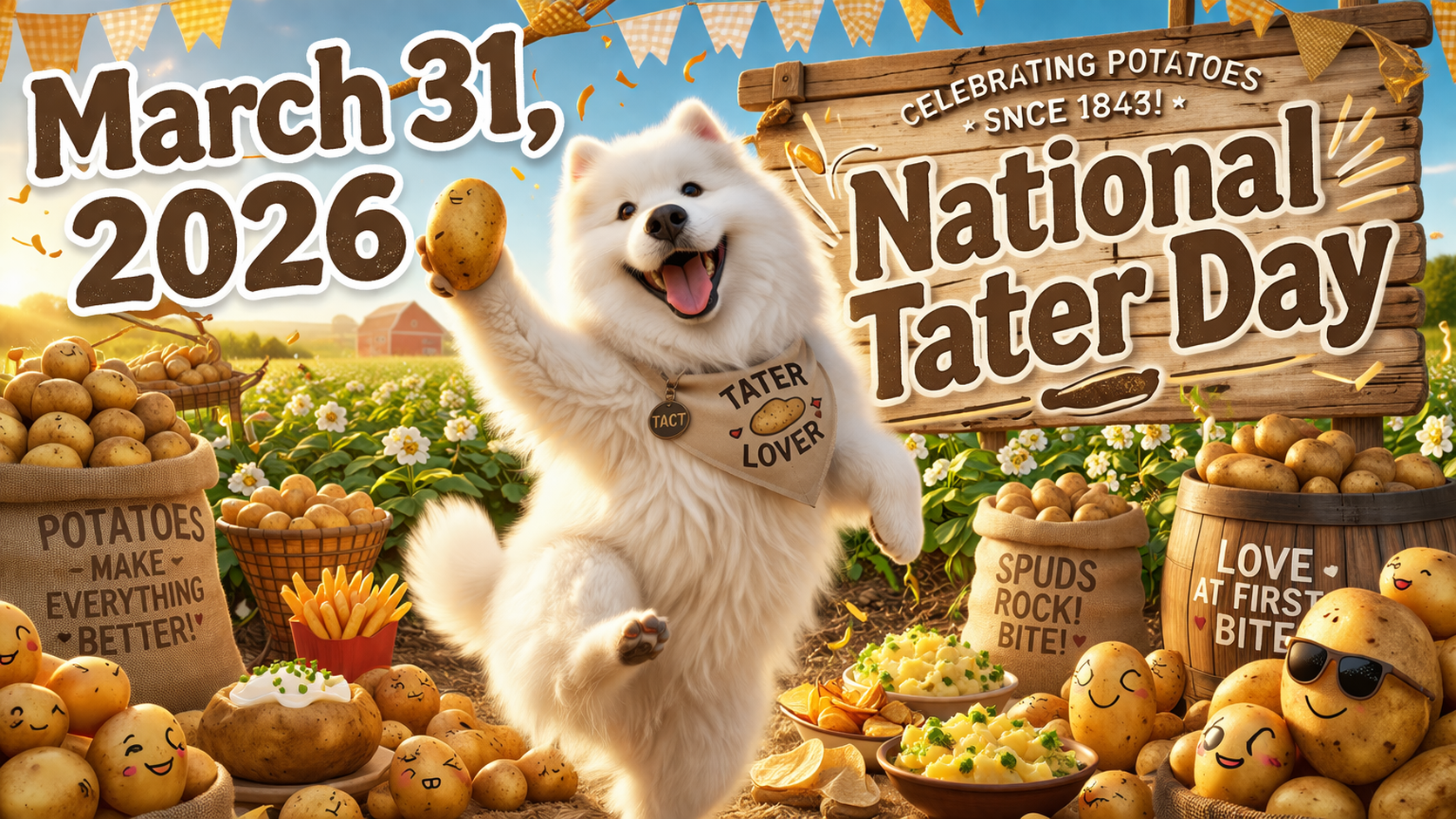 サモエド犬がじゃがいも畑でジャンプしながらポテトを掲げる、National Tater Dayの明るいイラスト