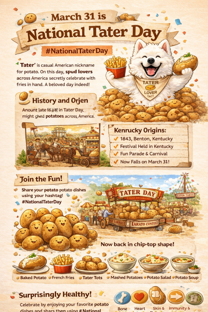 National Tater Dayの由来や楽しみ方を紹介する、サモエドとポテトのイラスト入りインフォグラフィック