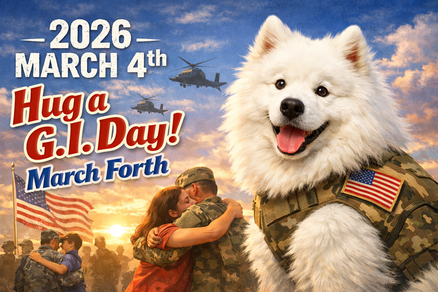 アメリカ国旗のパッチが付いたタクティカルベストを着た白い犬と、抱き合う軍人と家族の姿が描かれた「2026 MARCH 4th Hug a G.I. Day!」のポスター画像。