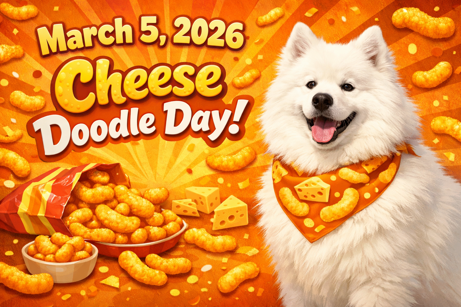 2026年3月5日の「チーズドゥードルの日」を祝うポップなテキストと、山盛りのチーズスナック、そしてチーズ柄のバンダナを巻いて微笑む白いフワフワの犬が描かれた明るいオレンジ色の画像。