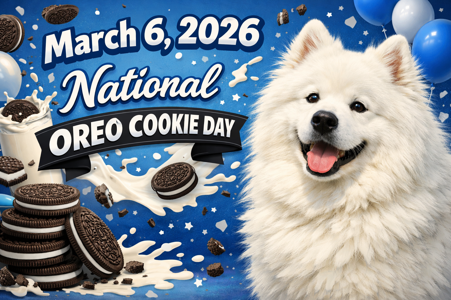 Webサイトなどで画像が表示されない場合や、音声読み上げソフトを利用するユーザー向けの簡潔な説明です。 2026年3月6日の「ナショナル・オレオ・クッキー・デー」を祝うポップな画像。青い背景に、笑顔の白いサモエド犬、山積みのオレオ、ダイナミックに飛び散るミルクが描かれている。