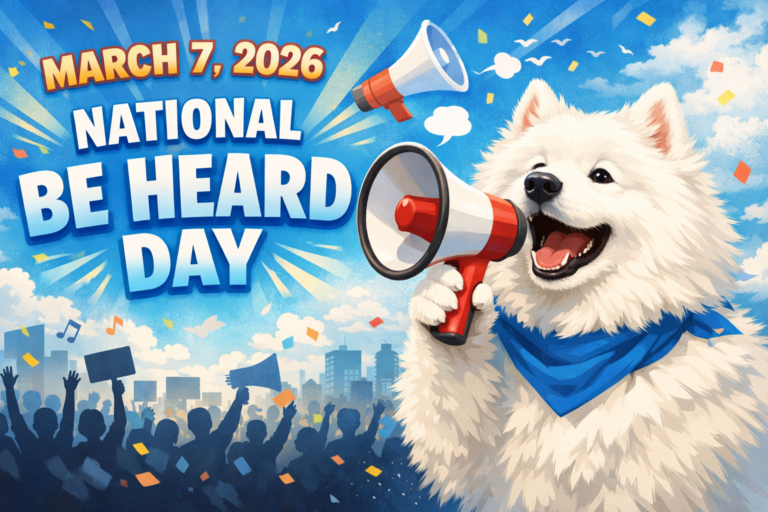 青いバンダナを巻き、赤と白のメガホンを持った白い犬のイラスト。背景には群衆のシルエットと「MARCH 7, 2026 NATIONAL BE HEARD DAY」の文字が描かれている。
