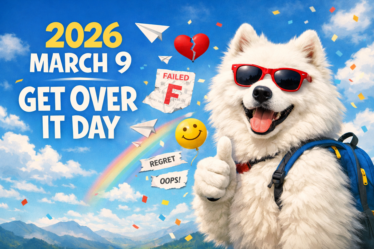 青空の下、赤いサングラスをかけた白いサモエド犬が親指を立てて（サムアップ）笑っている。周囲には「FAILED」「REGRET」と書かれた紙屑や割れたハート、虹が舞い、「2026 MARCH 9 GET OVER IT DAY」の文字が躍っている。