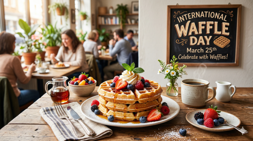 カフェの木製テーブルに、ホイップクリームとベリーをのせたワッフルが盛られ、周囲にコーヒーやシロップ、果物が並ぶ。背景には観葉植物と人々がくつろぐ店内が写っている。