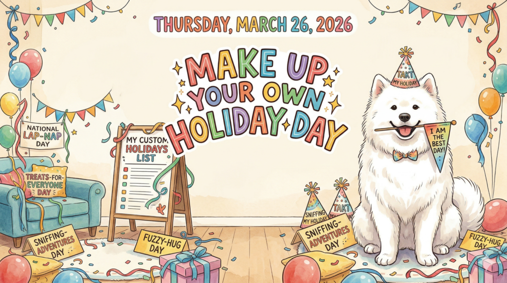 2026年3月26日、パステルカラーの優しいタッチで描かれた「Make Up Your Own Holiday Day」の室内装飾。右側には旗をくわえたサモエド犬のタクト。
