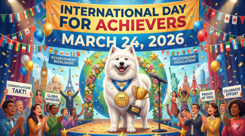 世界の国旗が飾られたステージ中央に立つサモエド犬。International Day for Achievers 2026世界規模のお祝いイラスト