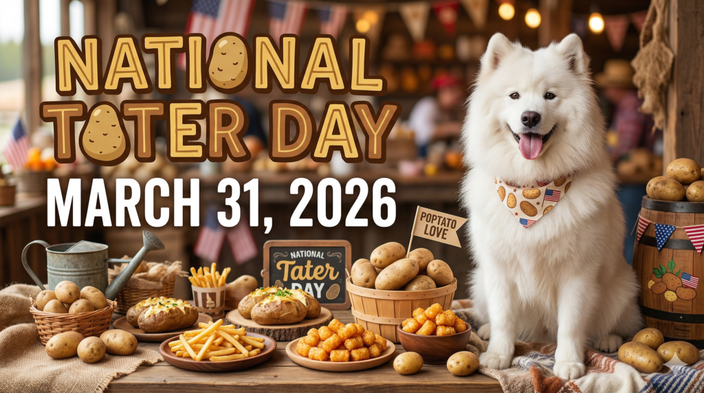 白い犬がポテト柄のバンダナをつけ、テーブルいっぱいのポテト料理と飾り付けの中で「National Tater Day」を祝っている様子。