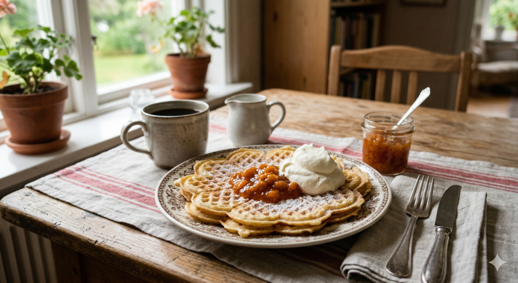 窓際の木のテーブルに、ハート型のワッフルがホイップクリームとフルーツコンポートを添えて盛られている。横にはコーヒー、ミルクピッチャー、ジャムの瓶、カトラリーが置かれ、温かい室内の雰囲気が漂う。