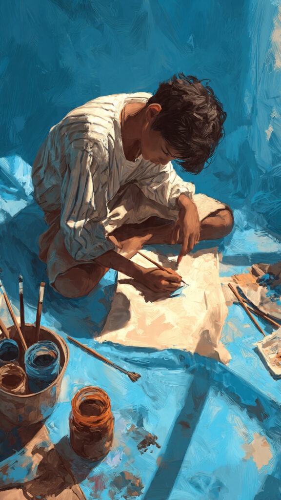 床に座り集中して絵を描く少年。青い油彩タッチのデジタルアート キャプション