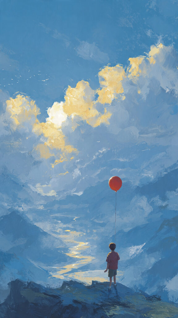 青空と光り輝く雲を見上げる少年が赤い風船を持つ、油彩タッチのデジタルイラスト