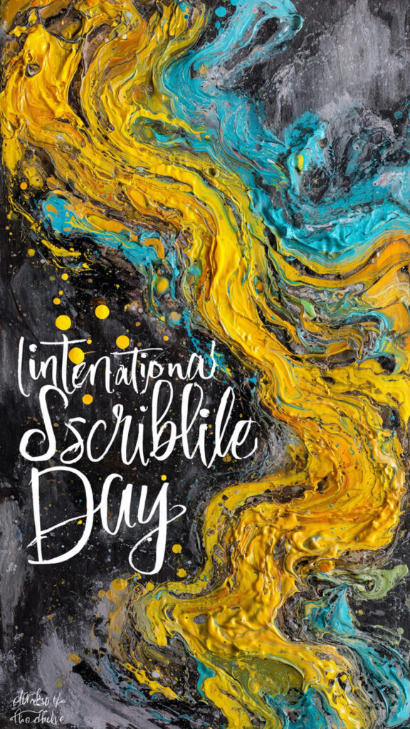 黒い背景をベースに、黄色と鮮やかなターコイズブルーの厚塗りのアクリル絵具が、波打つように混ざり合った抽象画。その上に白いスクリプト体で「International Scribble Day」の文字が重ねられている。