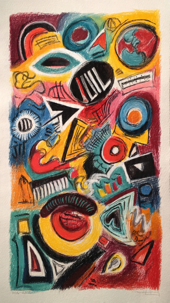 黄色、ピンク、青、赤など、様々な色のクレヨンやパステルで描かれた、カオスでカラフルな抽象画。目、幾何学的な形、矢印、抽象的な顔のようなモチーフが密集して描かれている。