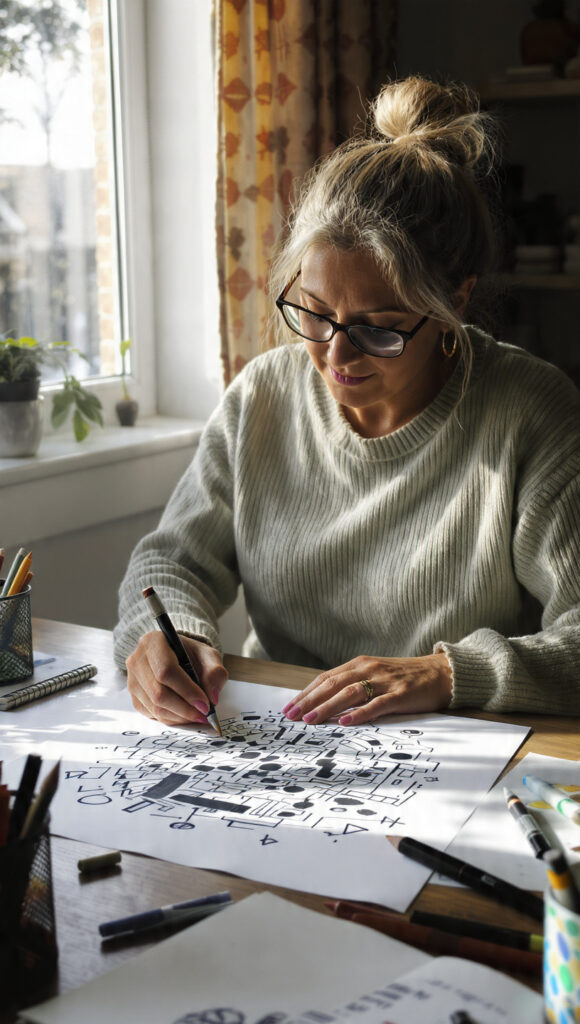 自宅のデスクで、真剣な表情でペンを握り、キャンバスに細かな黒い抽象的な模様を描いている眼鏡をかけた女性。デスクにはペン立てや、他のらくがきが置かれている。