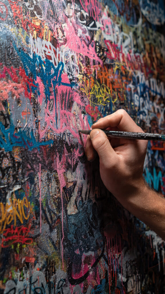 ピンク、青、黄色など、無数のカラフルなスプレーグラフィティやタグで覆われた壁に、ペンで細かな書き込みをしている人の手のアップ。