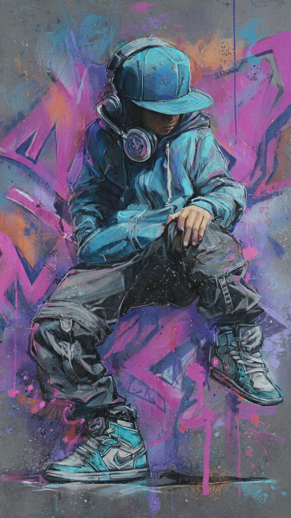 青いパーカー、キャップ、大きなヘッドフォンを着用し、グラフィティが描かれた壁の前で、膝を抱えて座っている少年のストリートアートスタイルのイラスト。鮮やかなピンクと紫のグラフィティが背景にある。
