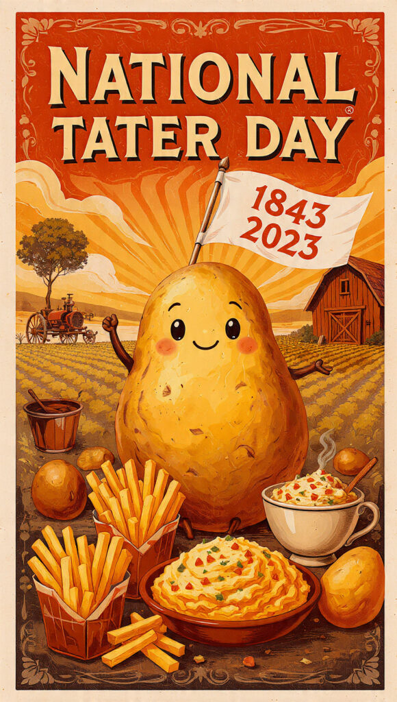 笑顔のポテトキャラクターが旗を掲げ、農場とポテト料理に囲まれたカラフルなヴィンテージ風ポスター。
