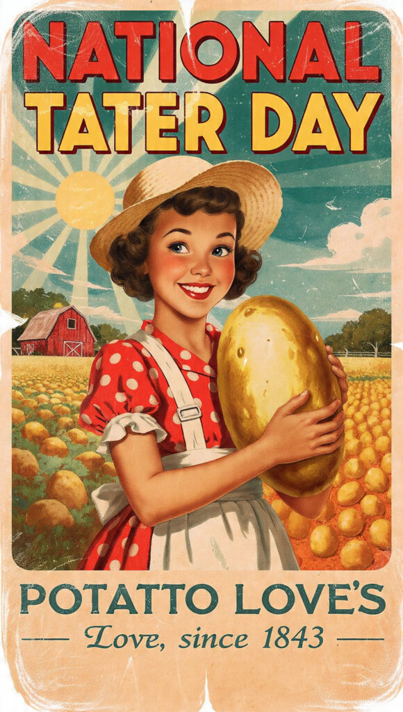 麦わら帽子と赤いシャツを着た人物が大きな黄金色のポテトを抱え、ポテト畑と納屋を背景に微笑むヴィンテージポスター。
