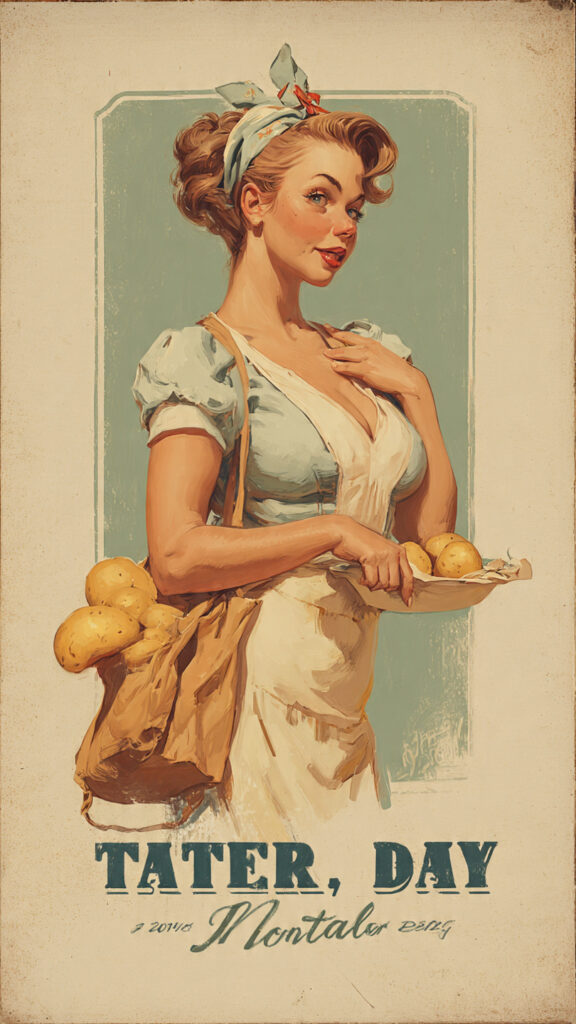水色のブラウスと白いエプロンを着た人物が、ポテトの入ったボウルを抱えるヴィンテージ風イラスト。