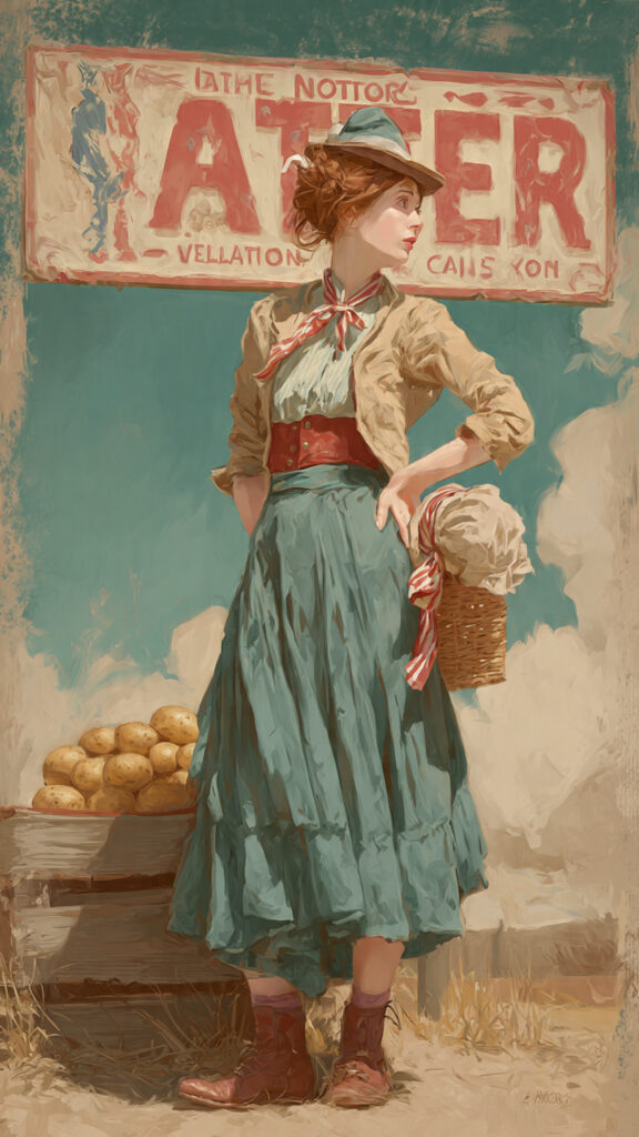 木箱いっぱいのポテトの横に立つ人物が、籠を抱えているヴィンテージ風イラスト。