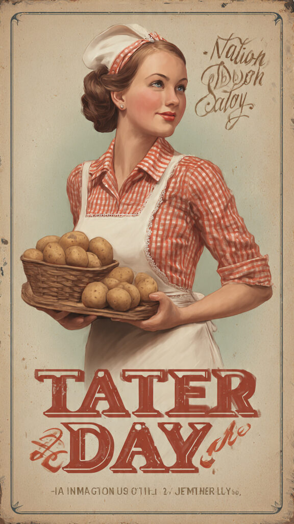 赤いチェック柄のシャツと白いエプロンを着た人物が、ポテトの入った籠とトレイを持つヴィンテージ風ポスター。