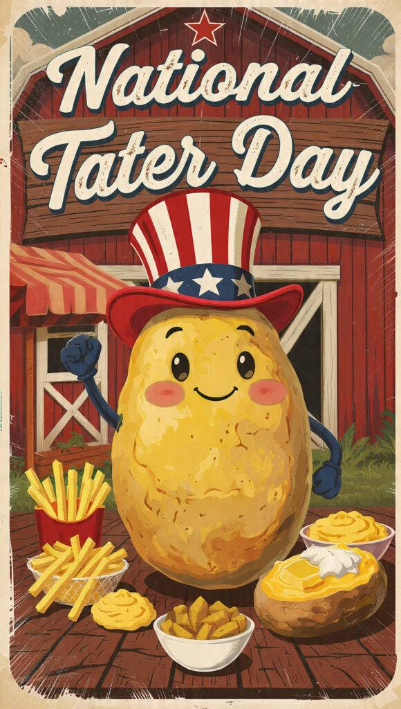 アメリカンハットをかぶった陽気なポテトキャラクターが、ポテト料理と「National Tater Day」の看板の前でポーズをとるレトロ風ポスター。