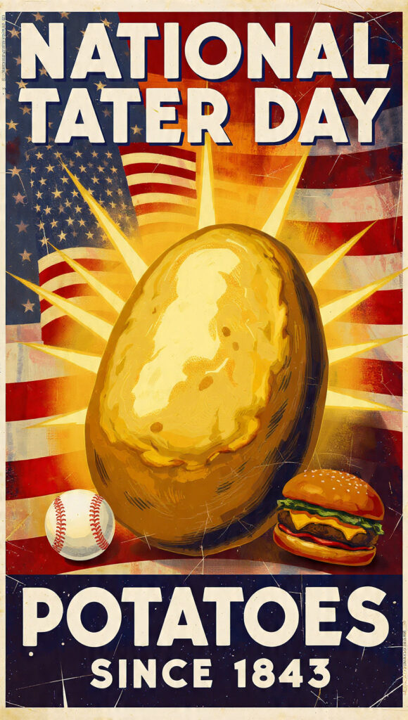 中央に輝く黄金のポテトが描かれ、背景にアメリカ国旗、下部に野球ボールとチーズバーガーが配置された「National Tater Day」のヴィンテージポスター。