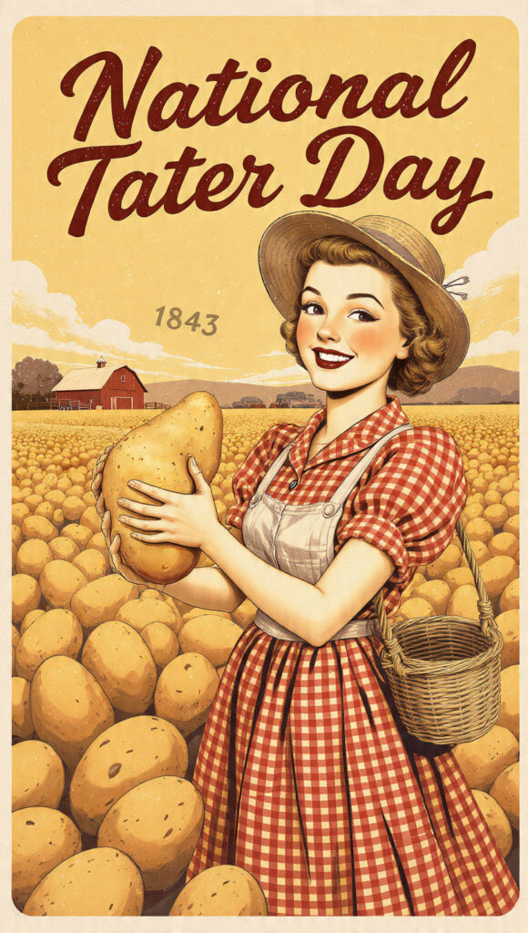 チェック柄のワンピースと麦わら帽子を身につけた人物が、大きなポテトを手にポテト畑に立つヴィンテージ風ポスター。