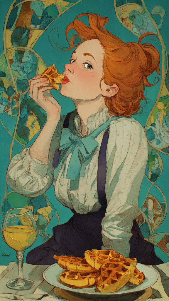 ヴィンテージ風イラストで、赤い髪の女性がワッフルを口元に運びながら優雅に食べている様子