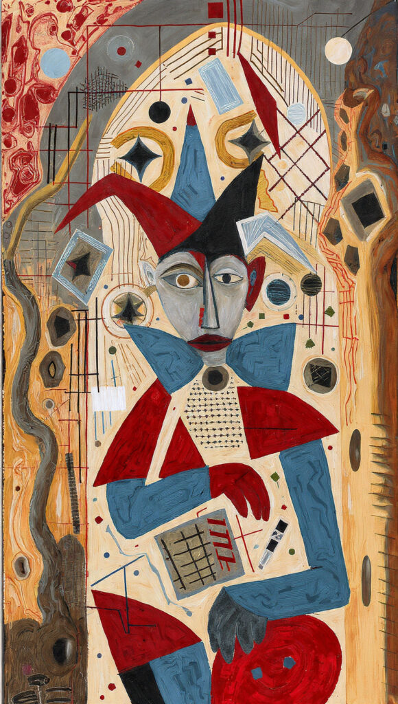 赤・青・黒・金・灰を用いた現代絵画風の縦型作品。幾何学的に分割された顔を持つ道化師がジョーカー帽と大きな青いボウタイを身に着け、格子状の紙を手に持っている。周囲に星・円・線・記号が散りばめられた抽象的な背景。