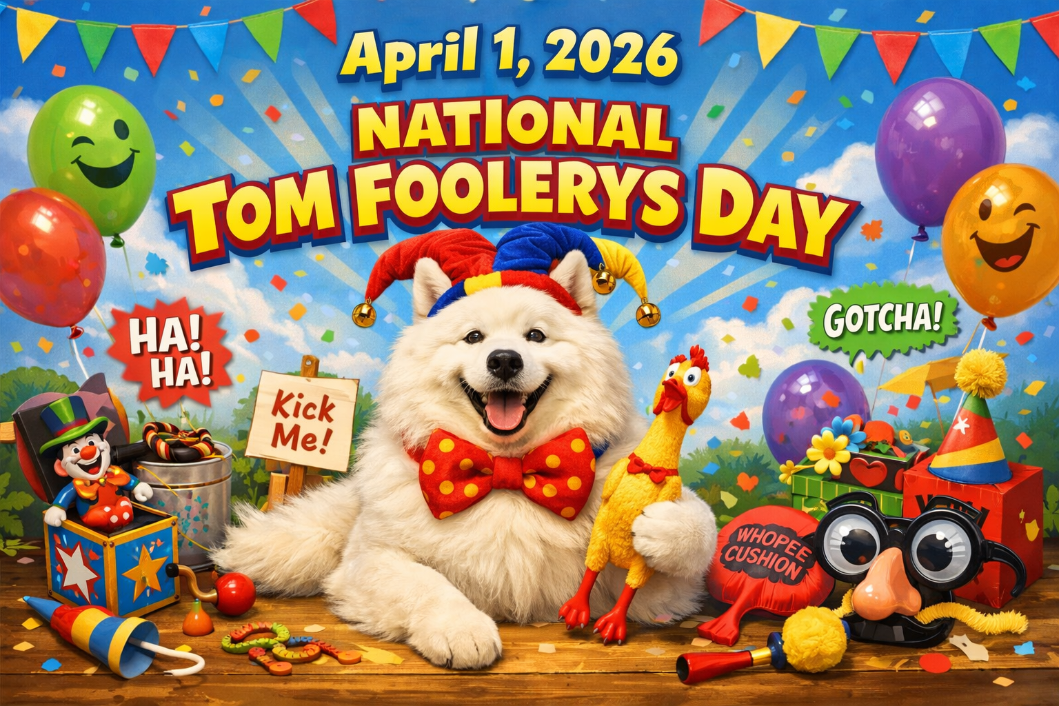 ジョーカー帽と水玉ボウタイをつけた白いサモエド犬が、Jack-in-the-box・ゴムニワトリ・Whoopee Cushion・付け鼻メガネなどのいたずらグッズに囲まれて伏せている。「HA!HA!」「GOTCHA!」「Kick Me!」のポップなフキダシ入り横型バナー。