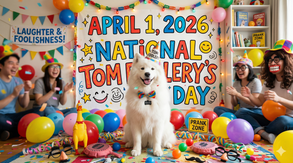 「TAKUTO」と書かれた首輪タグをつけた白いサモエド犬が、手書き風の「APRIL 1, 2026 NATIONAL TOM FOOLERY'S DAY」横断幕の前で、レインボーのボウタイをつけて立っている。左右には笑い合う男女2人がおり、部屋中にカラフルなバルーンといたずらグッズが散乱している室内の写真。