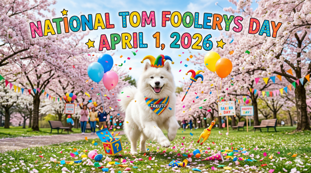 「TAKUTO」と書かれたカラフルなバンダナを巻き、ジョーカー帽をかぶった白いサモエド犬が、満開の桜並木の中をコンフェッティと風船とともに元気よく走っている。「NATIONAL TOM FOOLERYS DAY APRIL 1, 2026」のカラフルな文字入り横型画像。