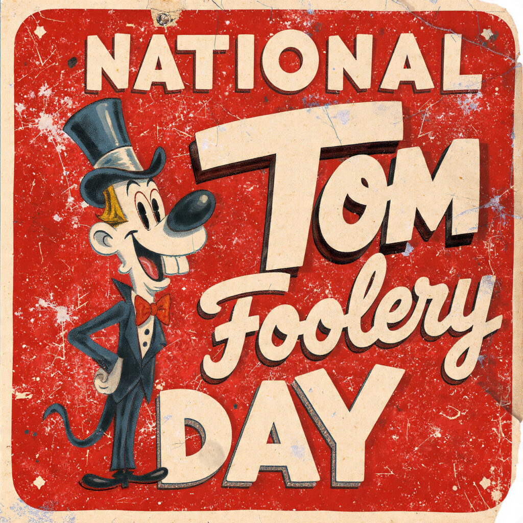 赤い背景にレトロなスタイルで描かれたカートゥーン風のキャラクター。シルクハットと燕尾服にボウタイを着用し、「NATIONAL TOM FOOLERY DAY」の文字が大きく描かれたヴィンテージポスター。