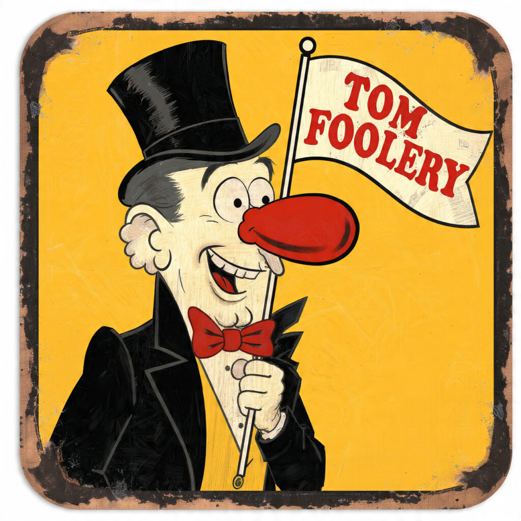 黄色い背景のヴィンテージ風金属サイン。シルクハットと赤いボウタイを身に着けた道化師風のキャラクターが「TOM FOOLERY」と書かれた旗を高々と掲げている。