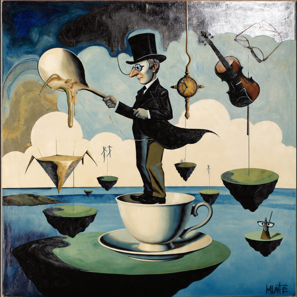 シュルレアリスム風の油彩画。シルクハットをかぶった細身の紳士が巨大なティーカップの上に立ち、溶けたスプーンを持ちながら、空中に浮かぶ島々・時計・バイオリンに囲まれている。 キャプション 時間も重力も無視した、Tom Foolery的午後のティータイム。