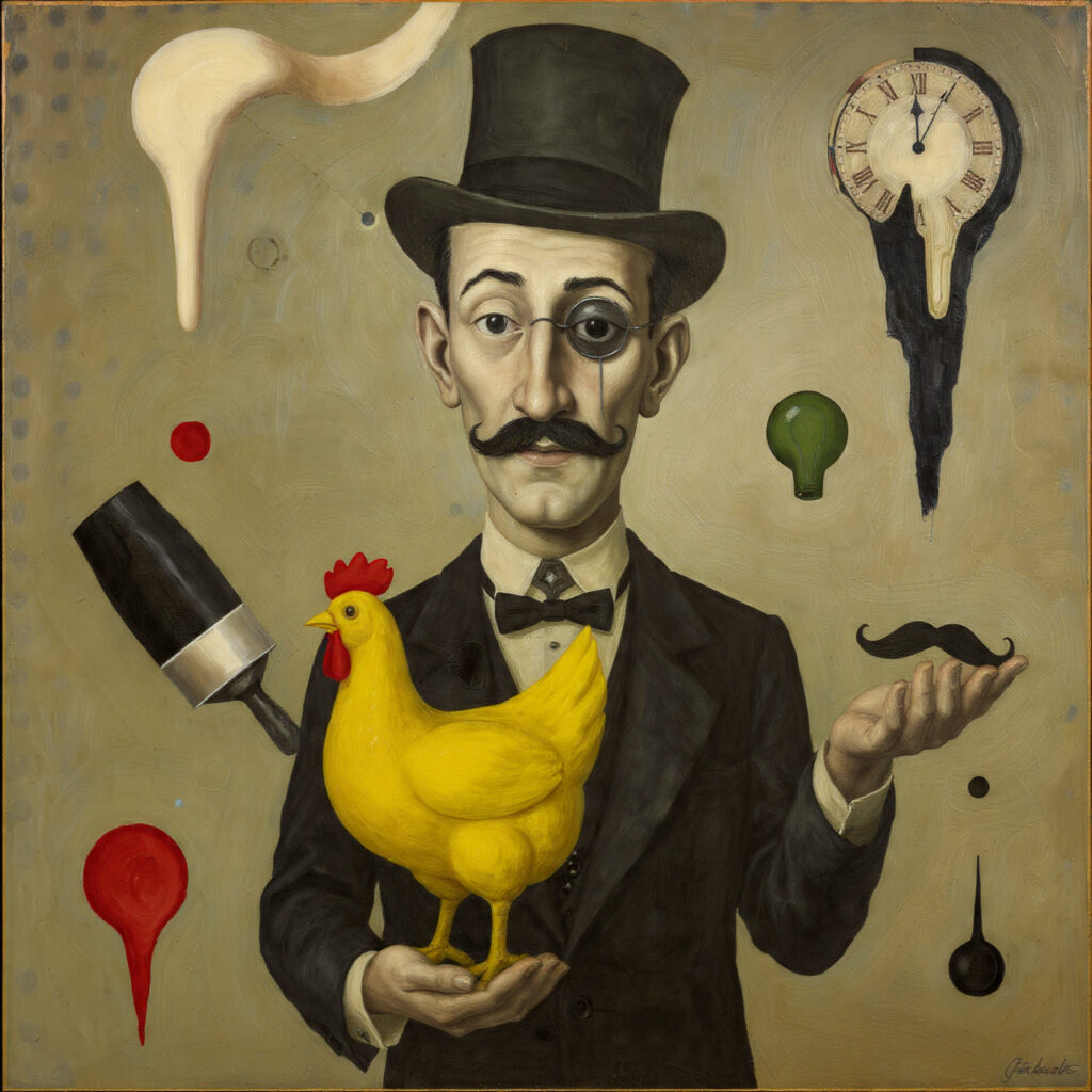 シュルレアリスム風の油彩画。シルクハットと丸眼鏡、口ひげを持つ無表情な紳士が、鮮やかな黄色いニワトリを手のひらに乗せている。周囲には溶ける時計、浮かぶ口ひげ、赤い雫などが漂っている。