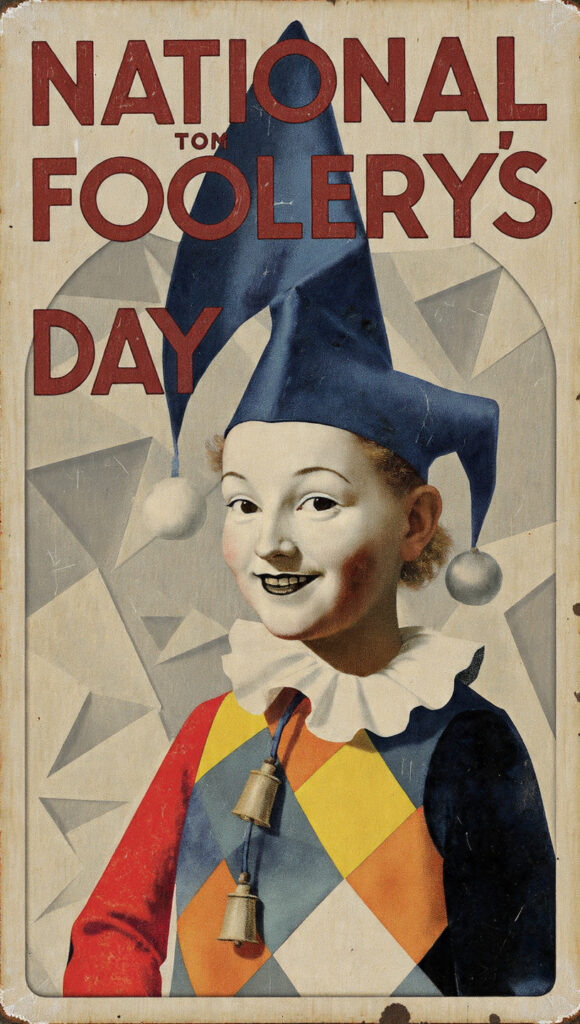 使い込まれた金属サインを模したヴィンテージ風縦型イラスト。青いジョーカー帽をかぶり、ハーレクイン柄の衣装と白いフリルカラーを身に着けた道化師が、キュビズム風の幾何学模様を背景に微笑んでいる。上部に「NATIONAL TOM FOOLERY'S DAY」の赤いテキスト。