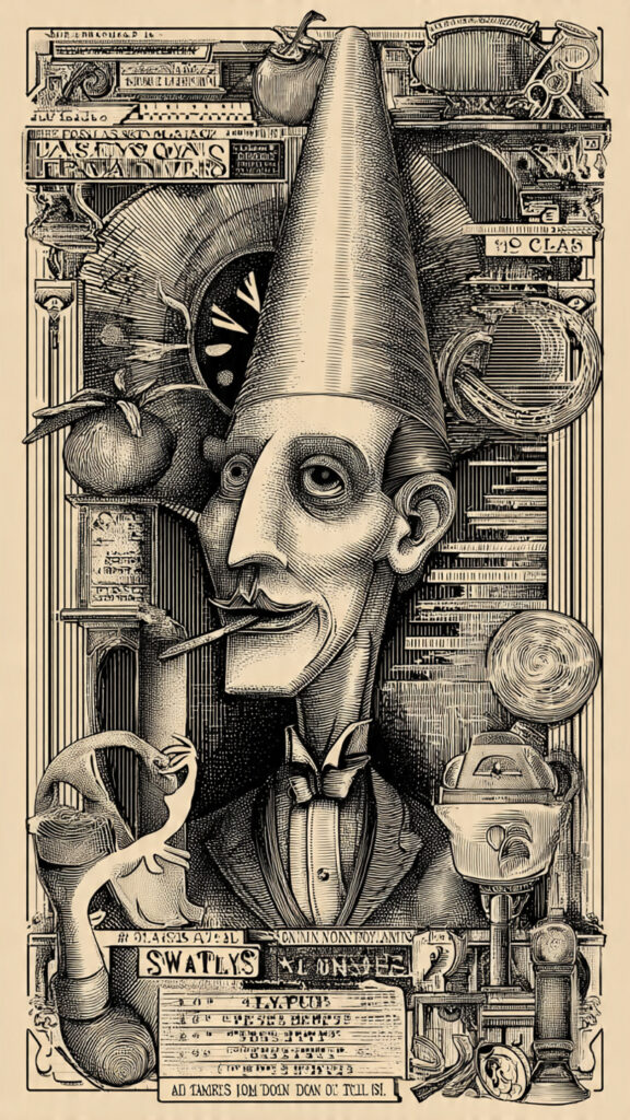 セピア色の紙に細密な銅版画技法で描かれた縦型イラスト。先の尖った高い帽子をかぶり、ボウタイをした痩せた道化師風の人物の顔が中央に大きく描かれ、周囲に書物・丸いオブジェ・植物・謎の文字が細かく描き込まれたコラージュ風の作品。