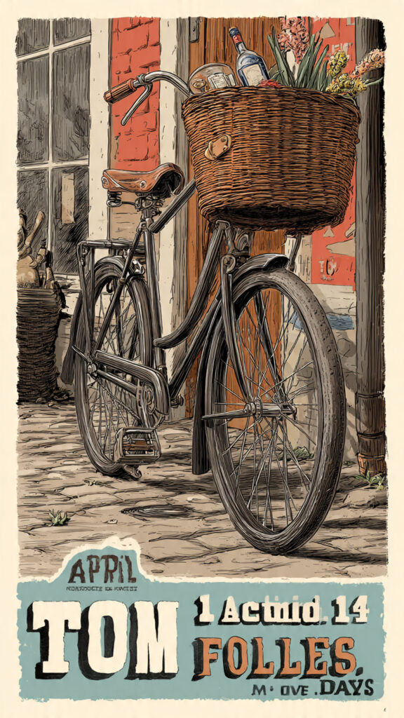 コミック調の線画とリソグラフ印刷風の配色で描かれた縦型イラスト。石畳の路地に停められた籠つきのレトロな自転車が主役で、籠にはボトルと花が入っている。下部にヴィンテージタイポグラフィで「TOM FOOLERY'S DAY」と記されている。