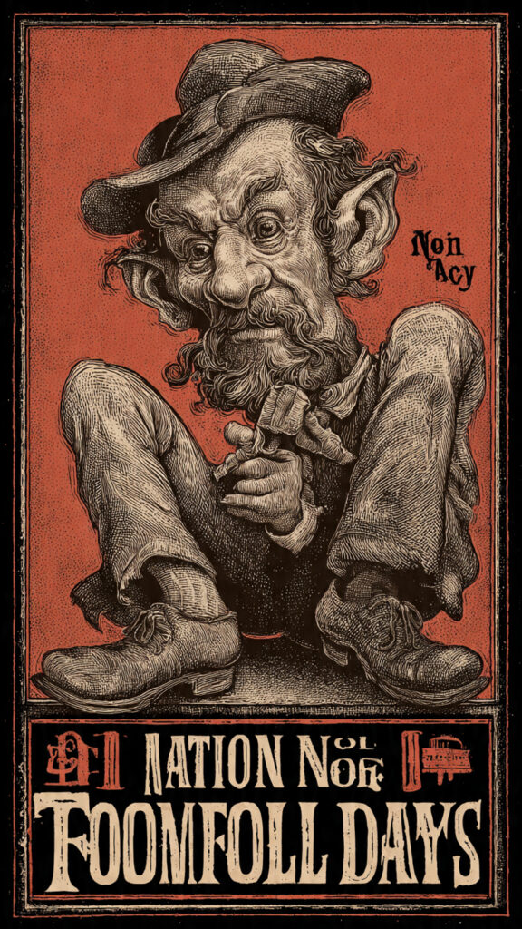 赤茶色の背景に黒枠を持つ縦型イラスト。19世紀の風刺画スタイルで描かれた、くたびれた帽子をかぶりしゃがみ込む老いた道化師風の人物の細密エングレービング。下部に「NATION NOM FOOMFOLL DAYS」のヴィンテージ活版組み文字。
