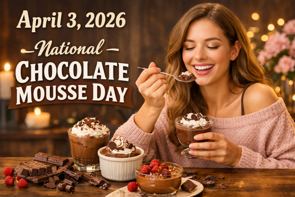テーブルに並んだ複数のチョコレートムースを前に、人物がスプーンでデザートを楽しんでいる。背景にはキャンドルと花が飾られ、「April 3, 2026 / National Chocolate Mousse Day」と書かれている。