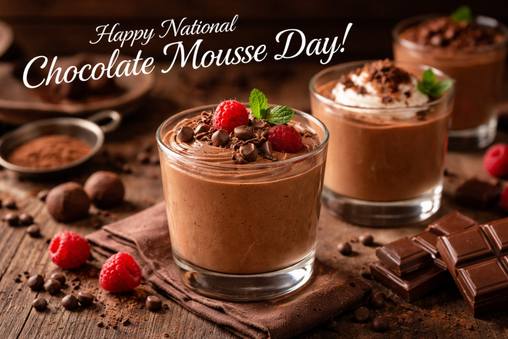 木のテーブルの上に、ラズベリーやミント、ホイップクリーム、チョコレート削りで飾られた3つのチョコレートムースが並んでいる。周囲にはチョコレート片やココアパウダー、トリュフが置かれ、「Happy National Chocolate Mousse Day!」と書かれている。