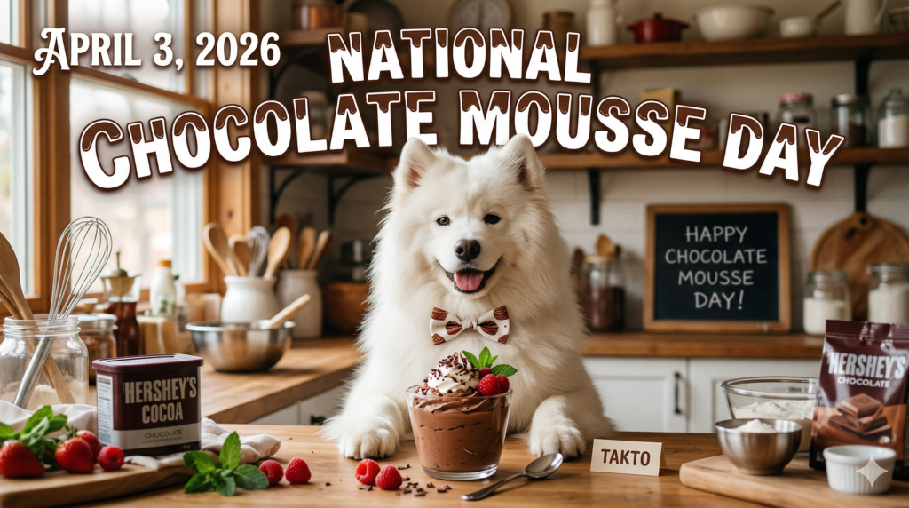 白い犬がチョコレート柄の蝶ネクタイをつけ、キッチンのカウンターでチョコレートムースの前に座っている。周囲にはココアパウダー、チョコレート、調理器具、イチゴ、ミントなどが置かれ、背景の黒板には「HAPPY CHOCOLATE MOUSSE DAY!」と書かれている。